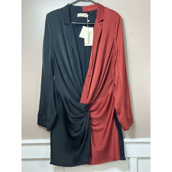 NWT Choosy In A Mood Plunging Neckline Black Sienna Brown Two-Tone Mini Dress 8 - Picture 2 of 16